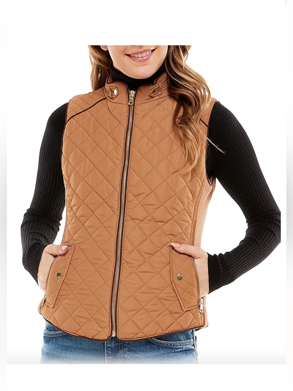 Love Tree Quilted Mustard Vest with Stand Collar